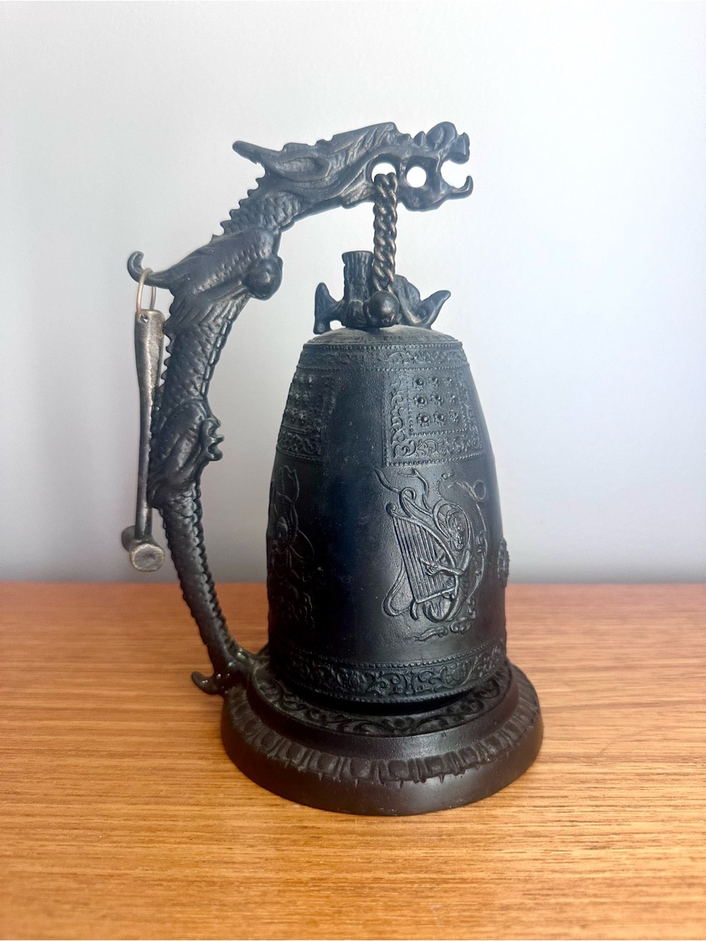 Vintage Dragon Temple Bell with Striker, Korean Seongdeok, Buddhist Altar Bell